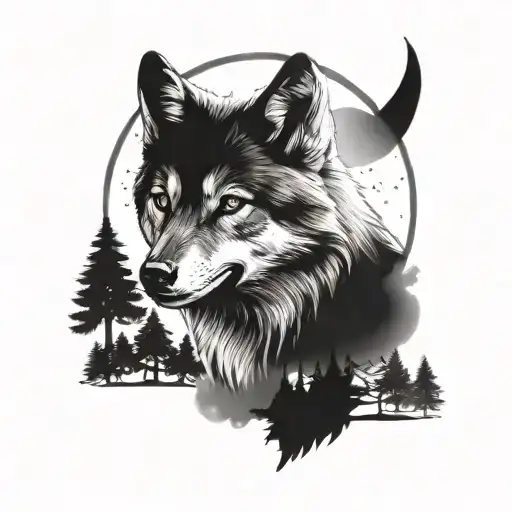wolf cub in forest with moon shining tattoo design idea