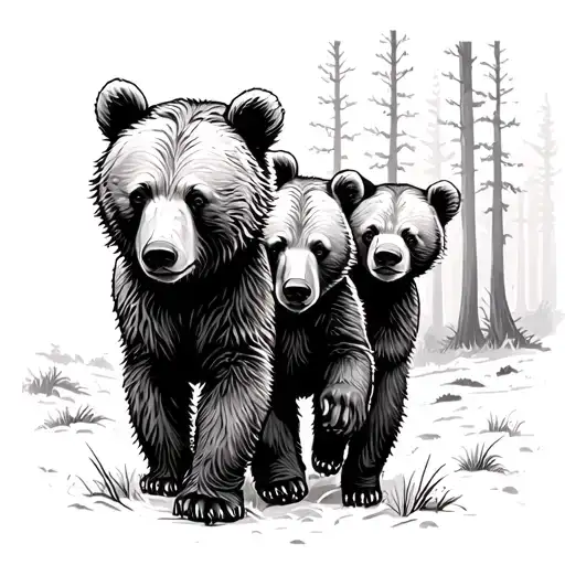 three bear cubs walking in the forest tattoo design idea