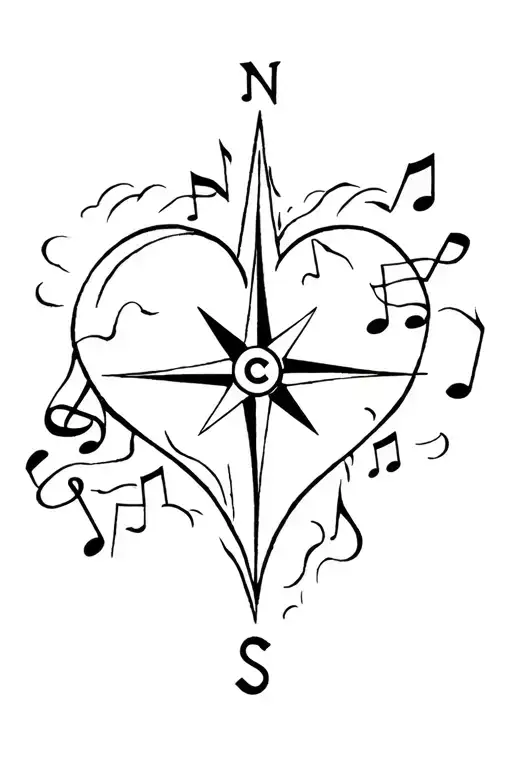 A minimalist tattoo of a heart-shaped compass with musical notes surrounding it, love storms  tattoo design idea