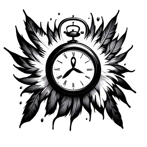 solid cancer ribbon surrounding a melting clock on a light feather tattoo design idea