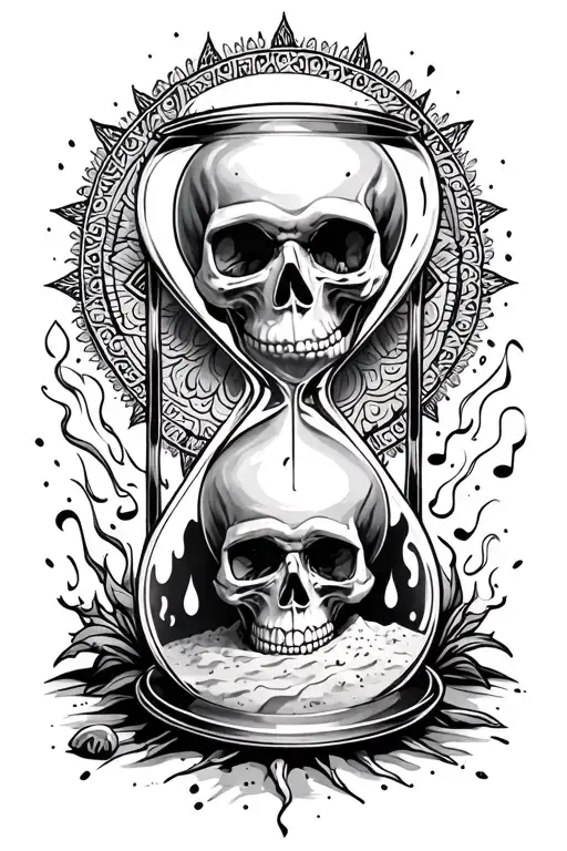 hour glass with sand, skull at the bottom eating sand, burning note on the background and mandala shapes tattoo design idea