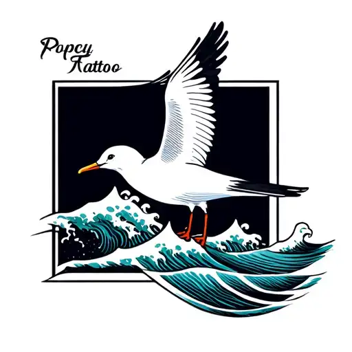 seagull and wave letter stamp tattoo design idea