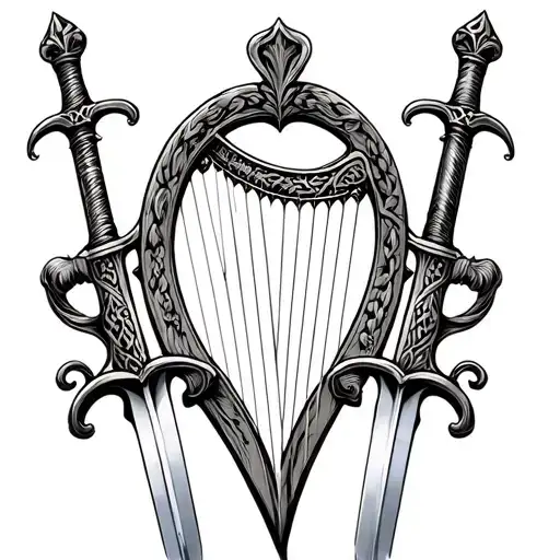 irish harp with roman gladius sword tattoo design idea