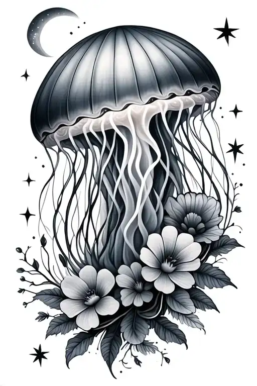 Realistic jellyfish tattoo with flowers treesa moon and stars tattoo design idea