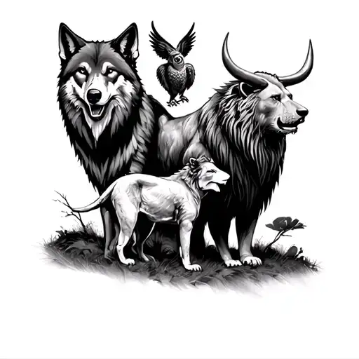 A wolf on the left next to a lion and a bear with a bull on the right with an owl ontop with open wings tattoo design idea