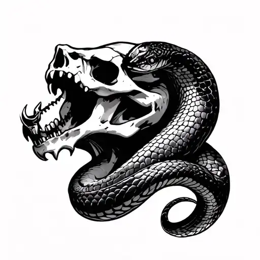 snake with open mouth trough a skull  tattoo design idea