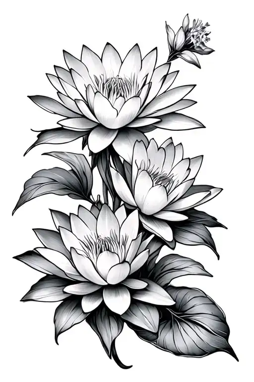 water lilies and larkspur flowers intertwined tattoo design idea
