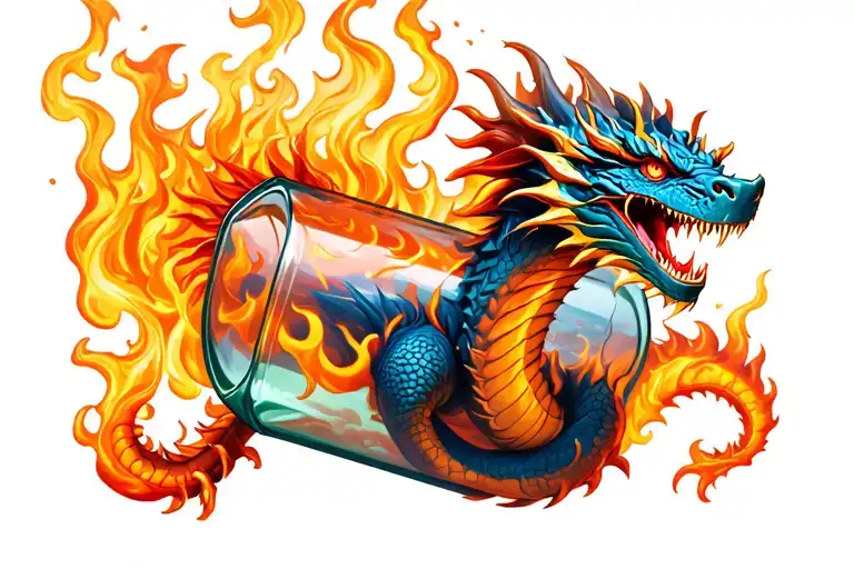 a flame dragon trapped in a bottle tattoo design idea