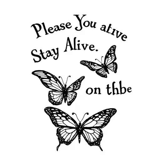 Three butterflies around the text Please, you stay alive on the ribs tattoo design idea