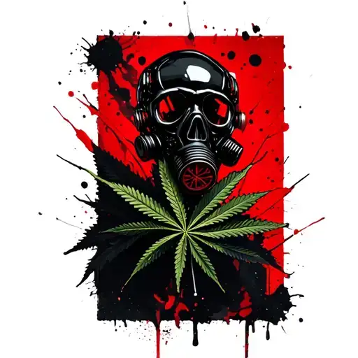 composition A black robot skull with gas mask,in the background a marijuana leaf tattoo design idea