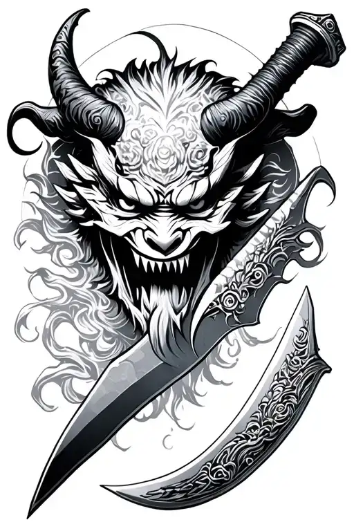 Japanese knife with a demon mask in the blade tattoo design idea