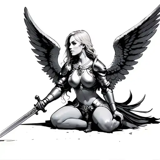 angel woman, wings spread on her knees, light hair in armor, holding a sword pointed down, looking into the distance, tattoo design idea
