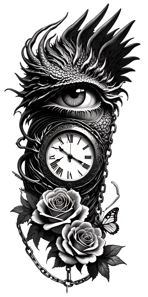clock face in eye looking, dragon wrapped, roses, angel wings, butterfly, chains tattoo design idea