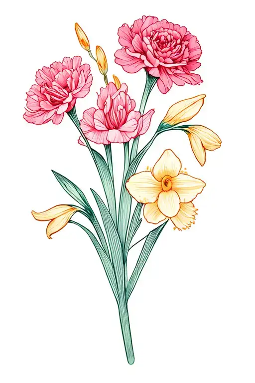 Carnation, gladiolus and narcissus flower bouquet. Coloful and minimalistic  tattoo design idea