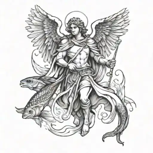 archangel Raphael holding staff with fish jumping out of water tattoo design idea