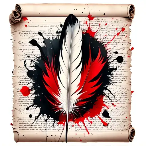 feather quill pen writing on a white scroll document paper manuscript with no color to the paper tattoo design idea