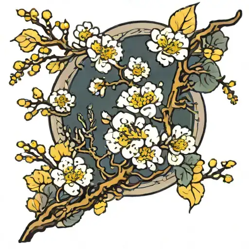 yellow Japanese apricot blossom branches and flowers and leaves on half sleeve  tattoo design idea