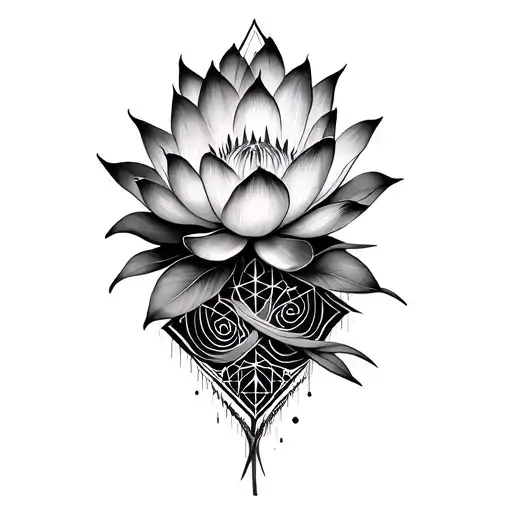 Lotus flower intertwined with sacred geometry and cosmic patterns tattoo design idea