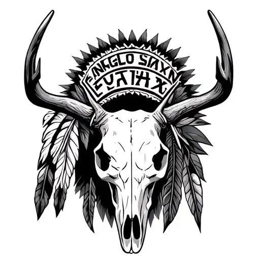 buck skull with "Anglo-Saxon Futhark" name and native American elements tattoo design idea