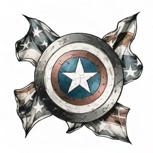 captain America shield in front of American flag waving tattoo design idea