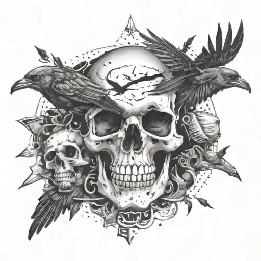 skull surrounded by crows tattoo design idea