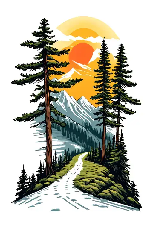 Winding Road and pine trees into mountains  tattoo design idea