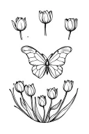A minimalist design of a butterfly surrounded by mini tulips in a circular pattern tattoo design idea