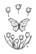 A minimalist design of a butterfly surrounded by mini tulips in a circular pattern tattoo design idea