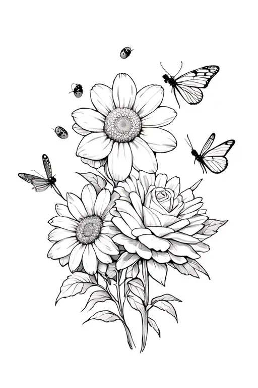 two daisies two roses a daffodil and a chrysanthemum. with a white butterfly, two dragon flies and two lady bugs tattoo design idea