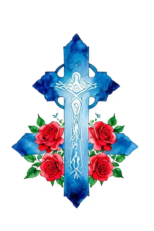 eastern orthodox cross with red roses around it tattoo design idea