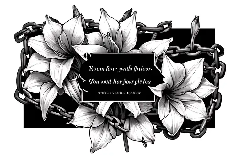 multiple small broken chains intertwined with small amaryllis flowers in the background with room for a quote in center tattoo design idea