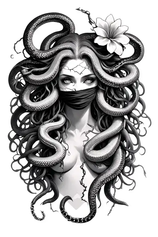 medusa with 15 snakes, 1 flower, 10 chains, 2 cracks that are sewn 1 one eye open 1 no eye 1 bandage covering her mouth  tattoo design idea