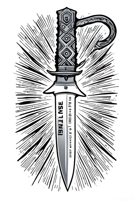 a Bowie knife with the name Beau transcribed along with date and time of birth. make it look rustic, edgy tattoo design idea