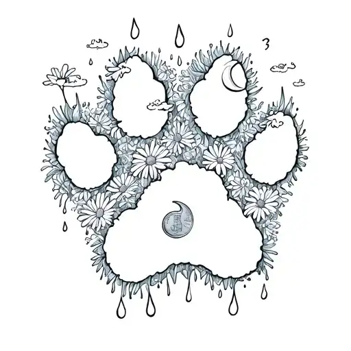 a outlined dog paw print with rain clouds, daisy's a crescent moon and some how add a penny all inside the paw print  tattoo design idea