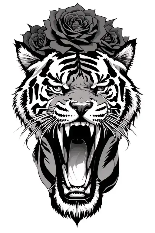 tiger roaring with roses tattoo design idea