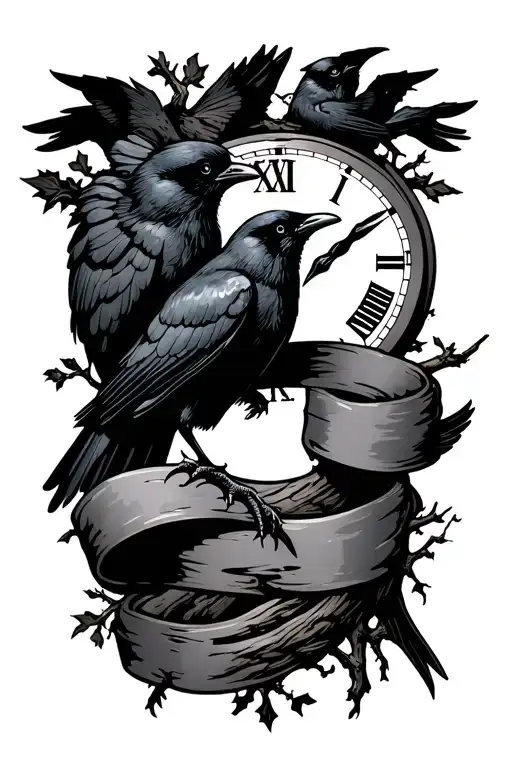 night sky, crows, tree branch, time, ribbon tattoo design idea