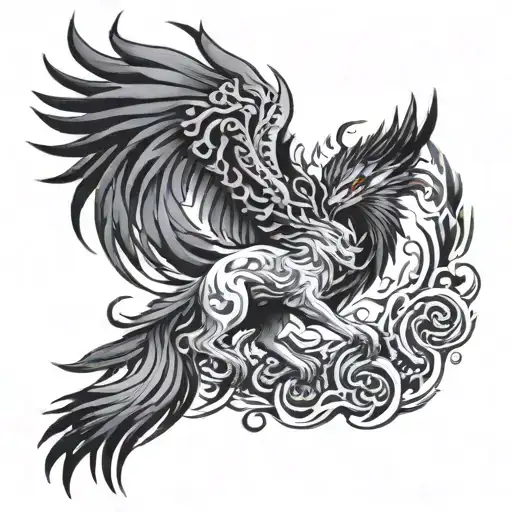 phoenix rising from flames and okami wolf trying to eat it tattoo design idea