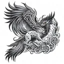 phoenix rising from flames and okami wolf trying to eat it tattoo design idea