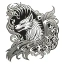 phoenix rising from flames and okami wolf trying to eat it tattoo design idea