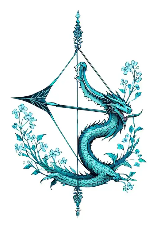 a bow and arrow surrounded by a dragon and forget-me-nots tattoo design idea