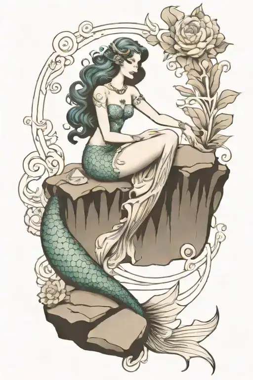 gothic mermaid sitting on a rock tattoo design idea
