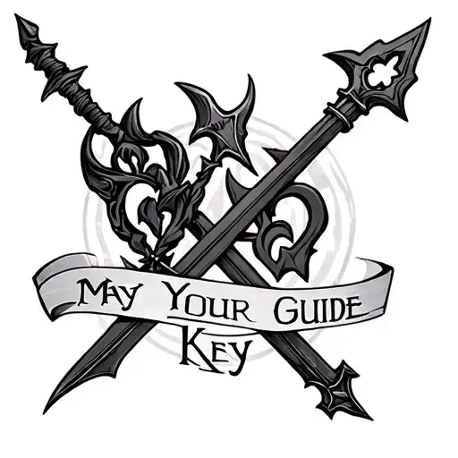 Kingdom Hearts tattoo with two Keyblade Oblivion and Oathkeemper crossed, with the word '' May Your Guide Key '' tattoo design idea
