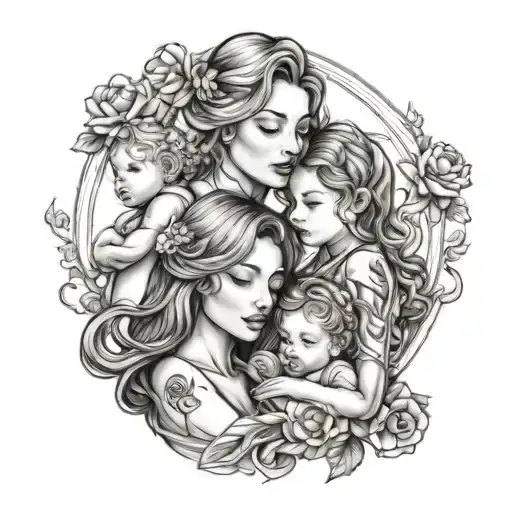 loving mother and 2 girls one boy tattoo design idea