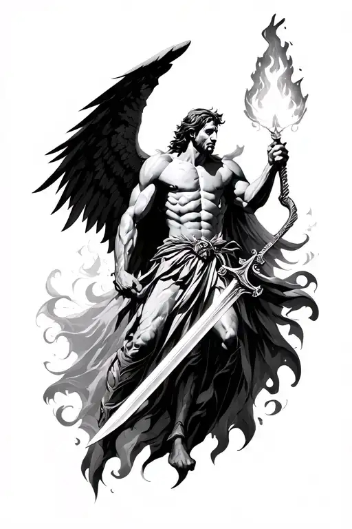 archangel michael with fire sword defeating lucifer tattoo design idea