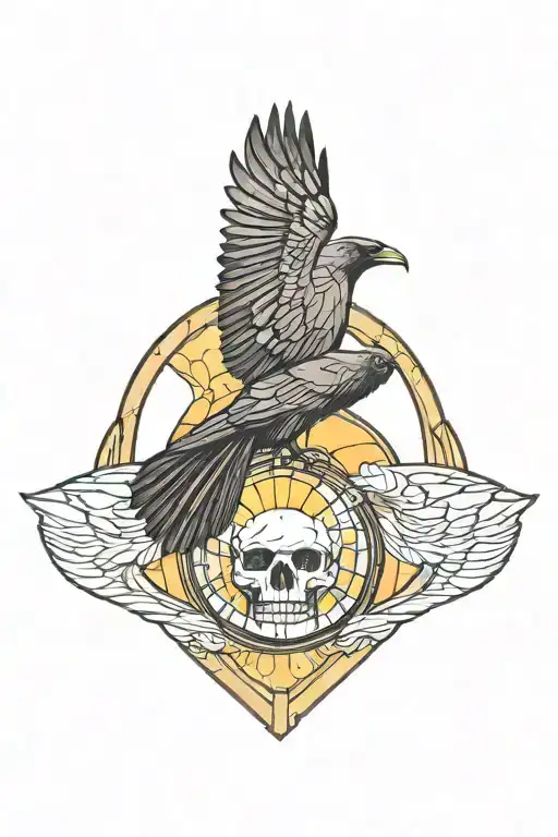 raven flying over skull with stained glass background black border sun in center of stained glass tattoo design idea