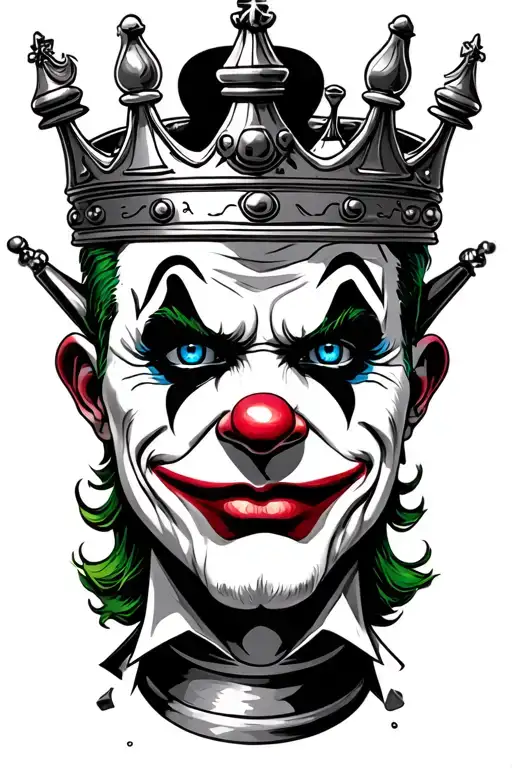 Create me a tattoo design of a King chess piece as the main part with a joker clown face with blue eyes and a hip hop ga tattoo design idea