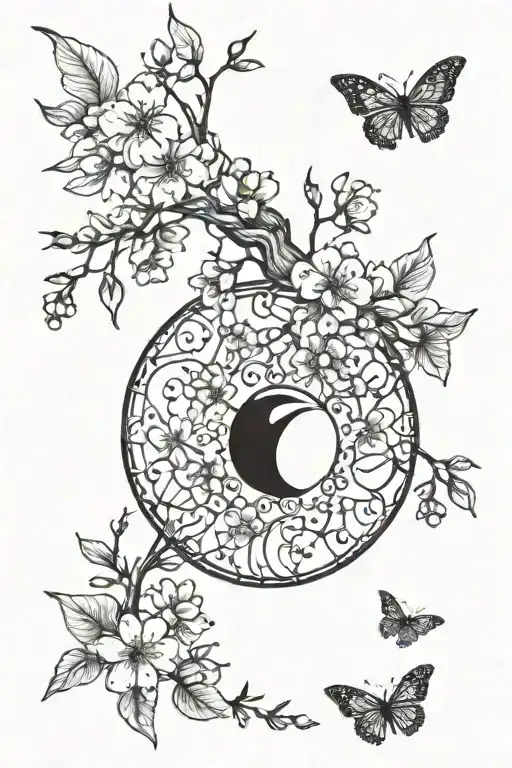 Moon phases intertwined with cherry blossom branchs tattoo design idea