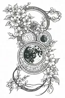 Moon phases intertwined with cherry blossom branchs tattoo design idea