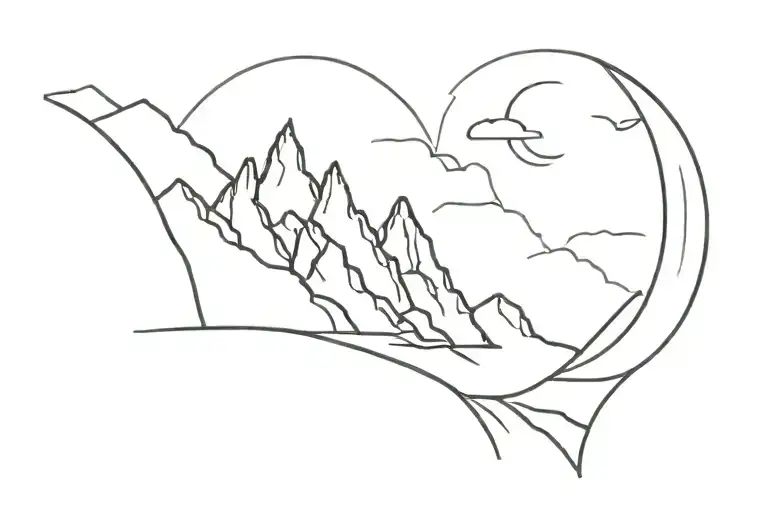 a singular line that starts with a sinus rythm, transisting to a mountain shape, and campervan after that  tattoo design idea