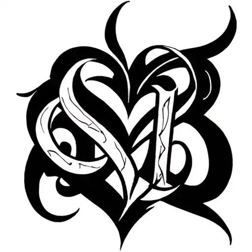 tribal heart with letters s, m, v and b intertwined tattoo design idea